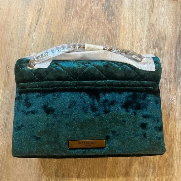 Kurt Geiger NEW Emerald Green Velvet Medium Kensington Bag - Picture 3 of 5